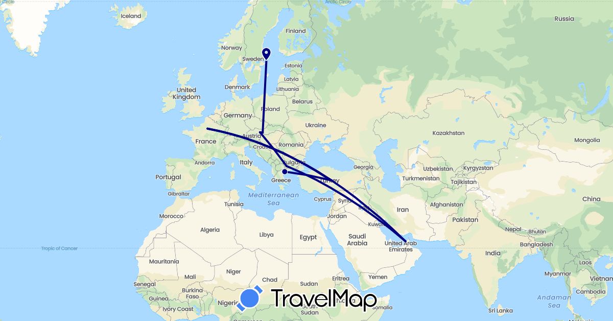 TravelMap itinerary: driving in United Arab Emirates, Austria, Bulgaria, France, Greece, Sweden, Slovakia, Turkey (Asia, Europe)